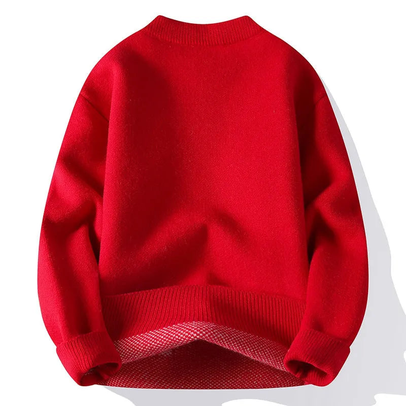 Men's loose grey knitted pullover jumper with ribbed hemline, long sleeves, and a rabbit fur blend fabric.