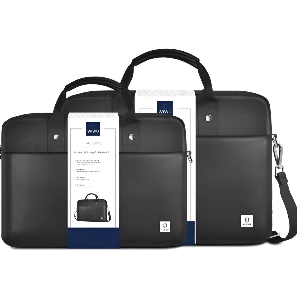 Black waterproof Oxford cloth laptop bag showing multi-pocket organisation and lock feature