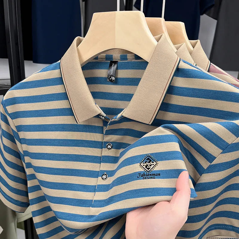 Striped men's casual short sleeve t-shirt with mosaic pattern detail in polyester, available in red, blue, and green colours