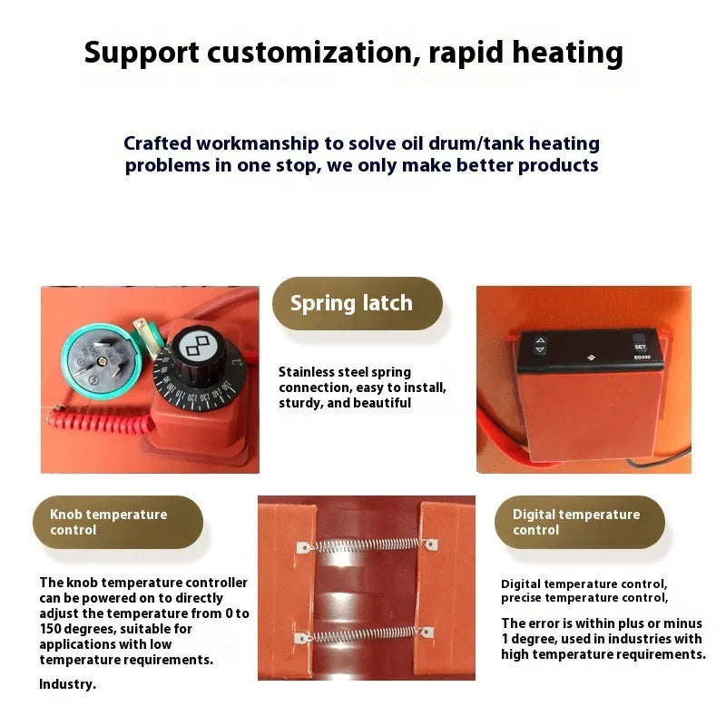 Silicone rubber heating belt wrapped around 200-litre oil drum for industrial heating applications