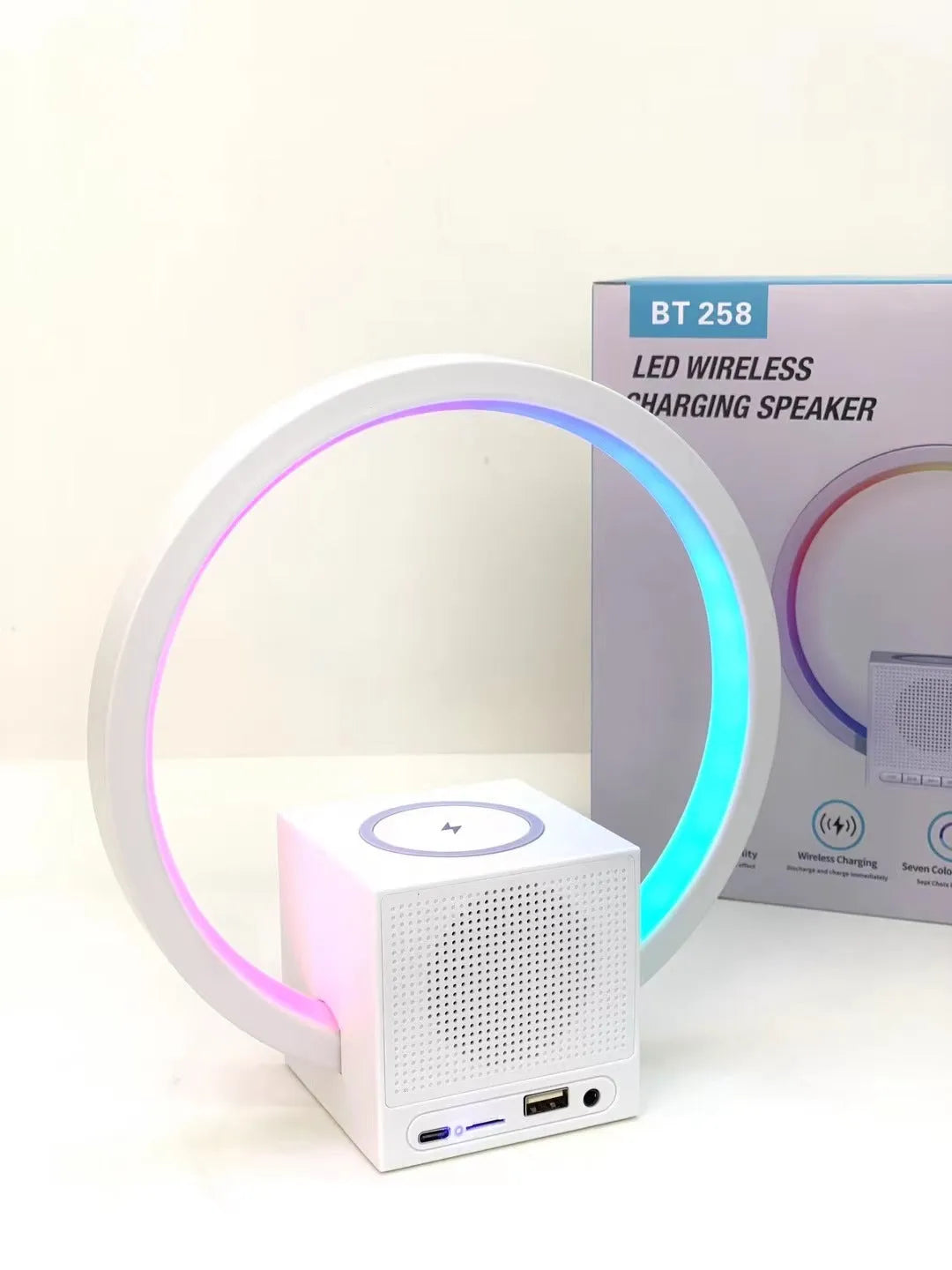 White smart ambience light Bluetooth speaker wireless charger with USB power and card insertion slot