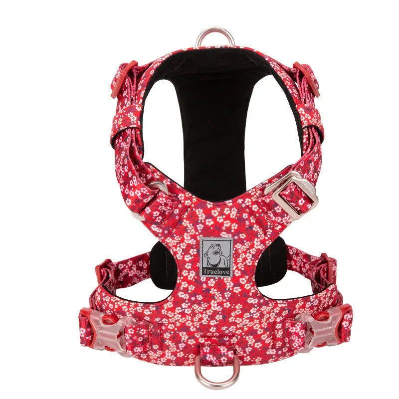 Pure cotton dog chest strap harness with floral pattern in red, blue, or green, showing pull-resistant design and adjustable sizing