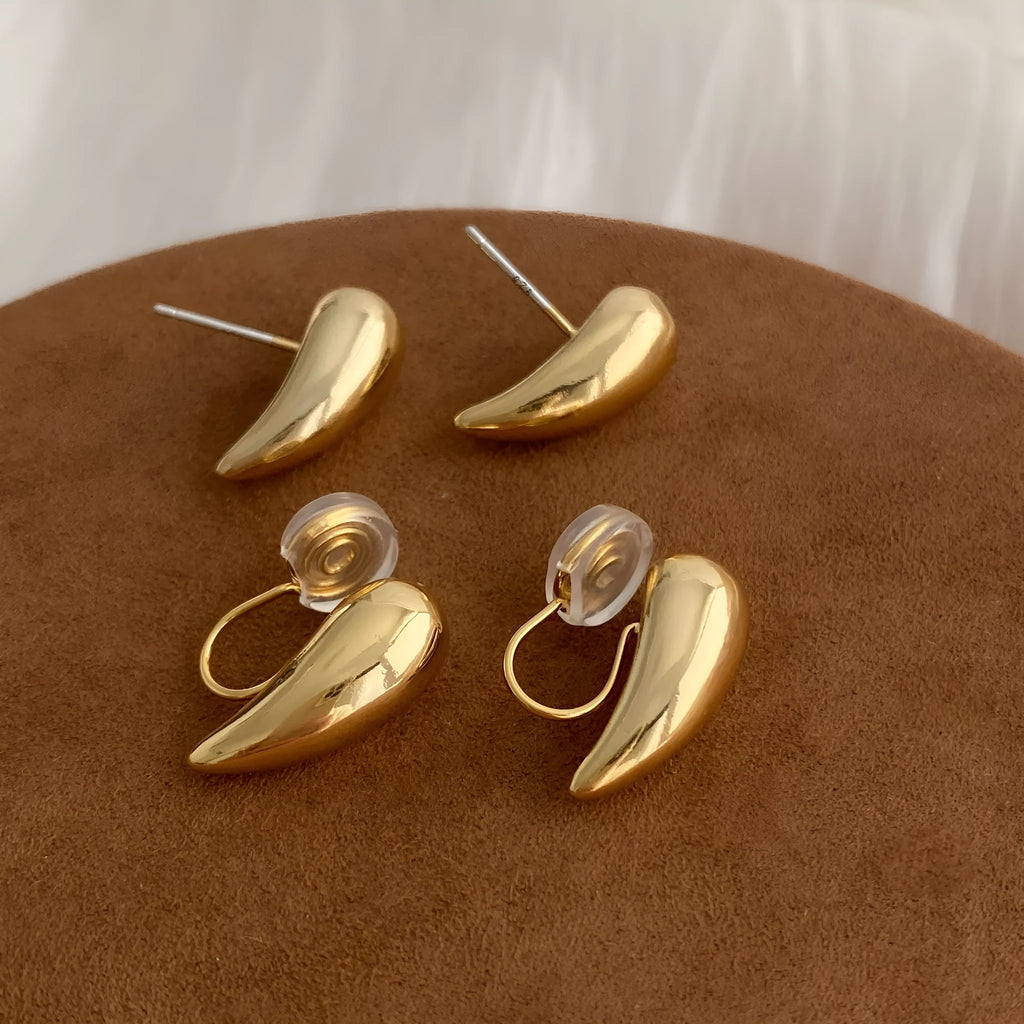 Copper geometric droplet earrings set with ear clips and studs in minimalist style