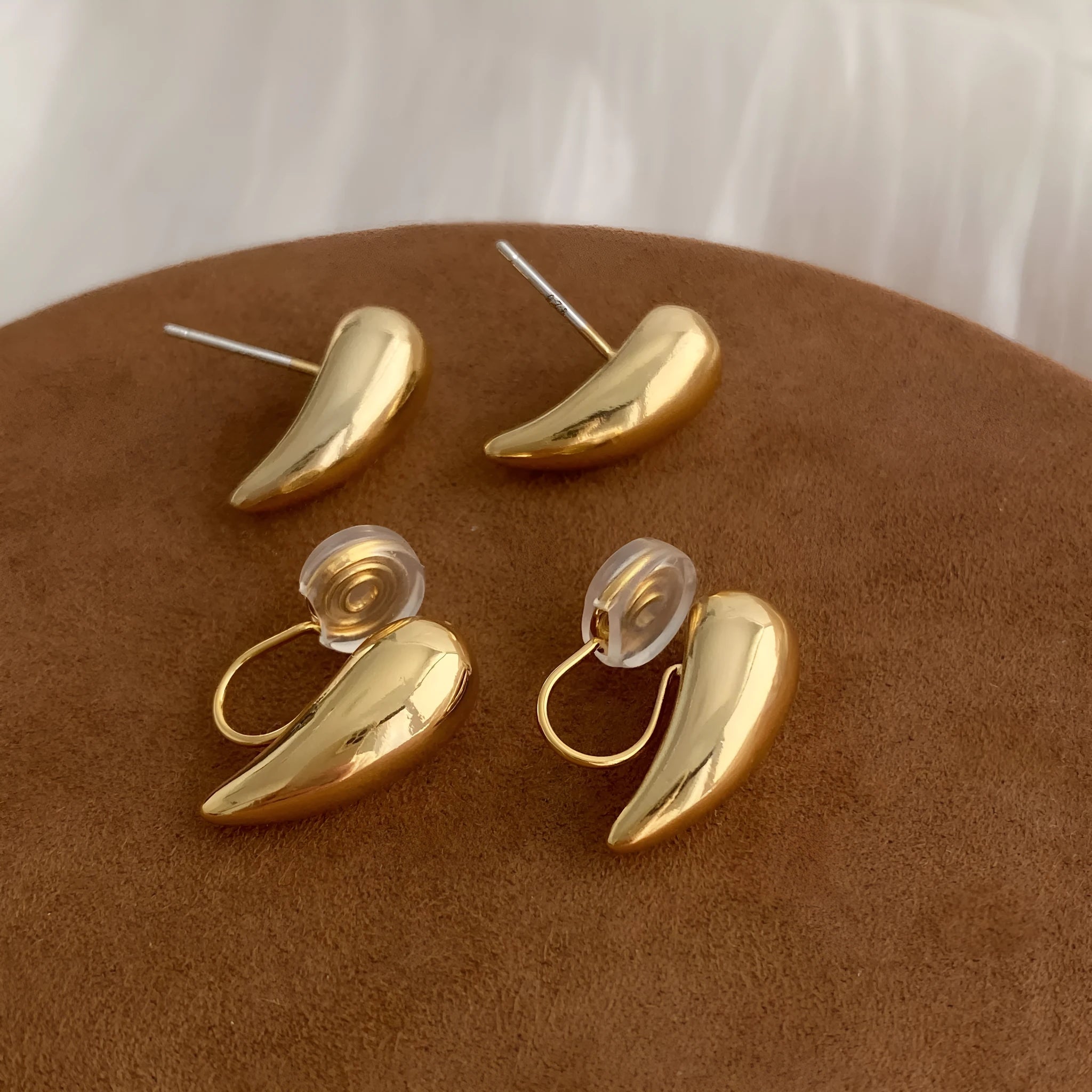 Copper geometric droplet earrings set with ear clips and studs in minimalist style