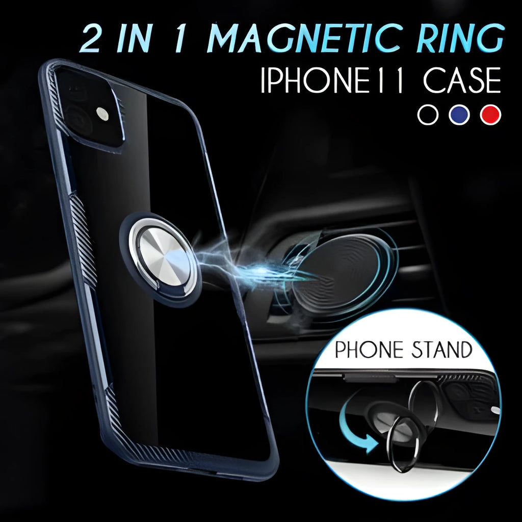 Black iPhone case with integrated car holder on the back, showing button cut-outs and PU leather texture.