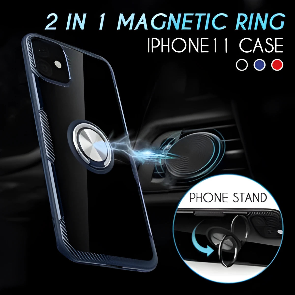 Black iPhone case with integrated car holder on the back, showing button cut-outs and PU leather texture.