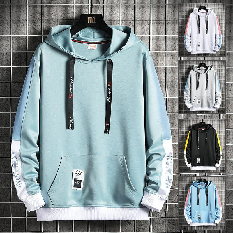 Men's casual loose fit hooded top in polyester, black colour option, front view