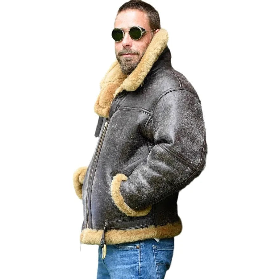 Men's brown retro style synthetic leather fur coat with side pockets and straight hem
