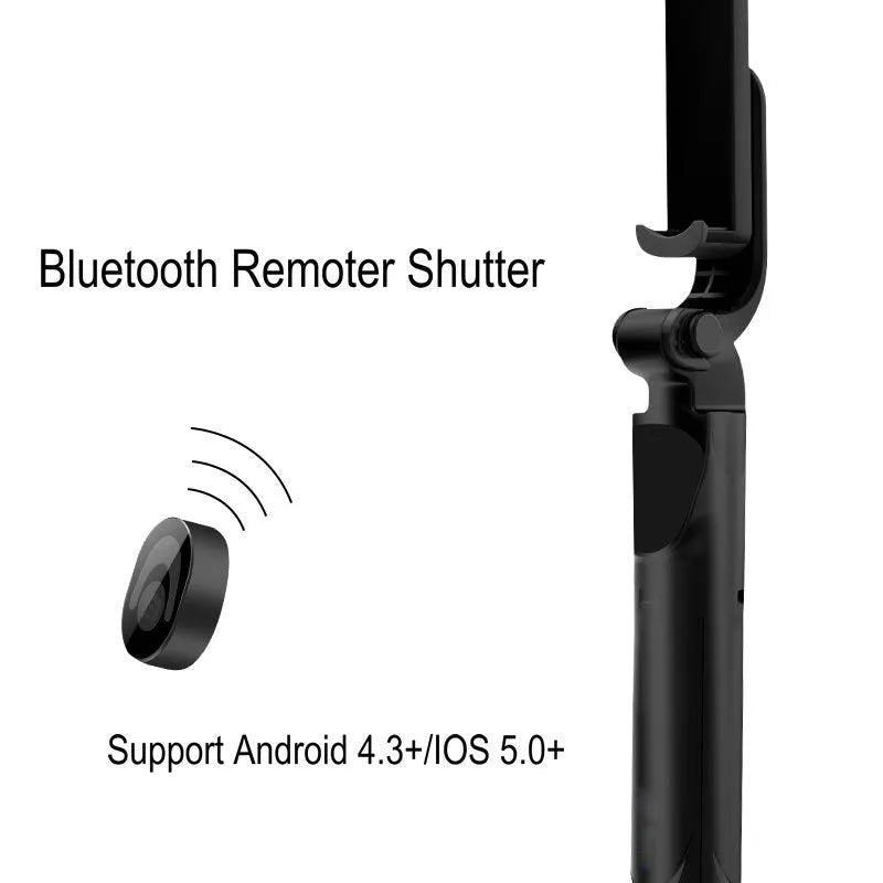 Bluetooth handheld selfie stick in black with extended arm and smartphone holder, remote control support