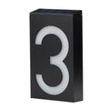 Solar powered house number light with white LEDs illuminating digit, IP65 waterproof outdoor design