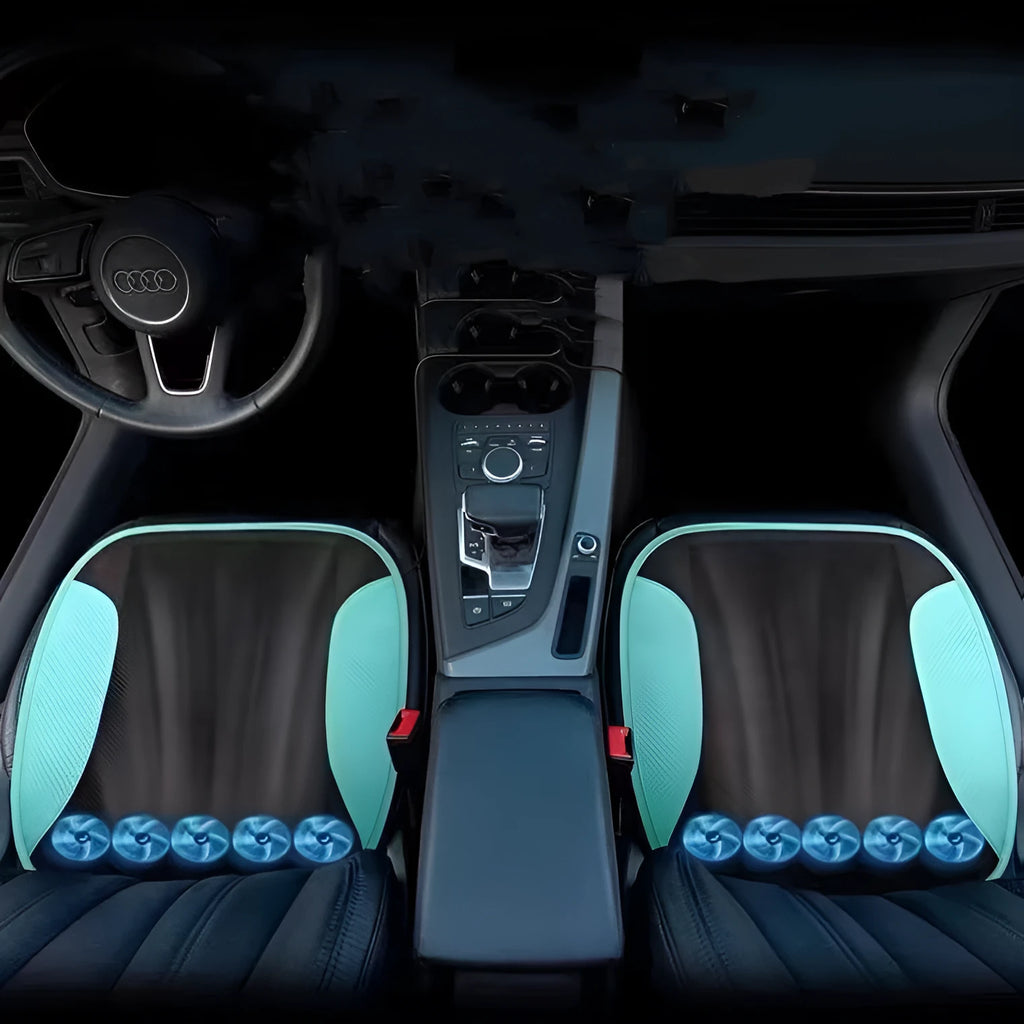 USB ventilated car seat cushion in multiple colours with cooling fans visible