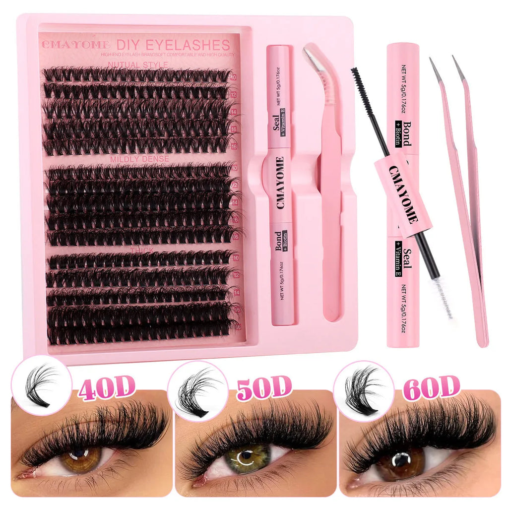 DIY false eyelash extension suit showing single cluster lashes and application tweezers