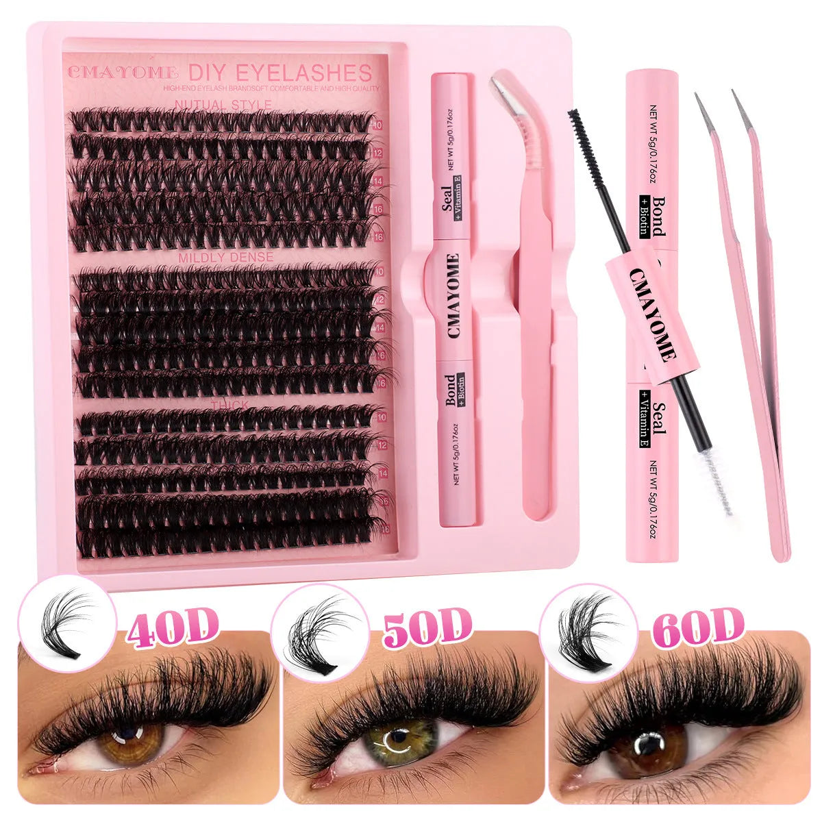 DIY false eyelash extension suit showing single cluster lashes and application tweezers