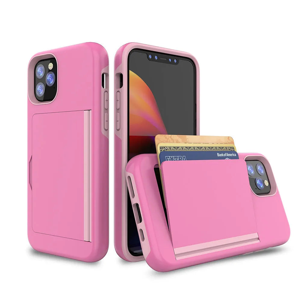 iPhone 11 protective case in TPU+PC material showing black, red, pink, dark blue, blue, and purple colour options