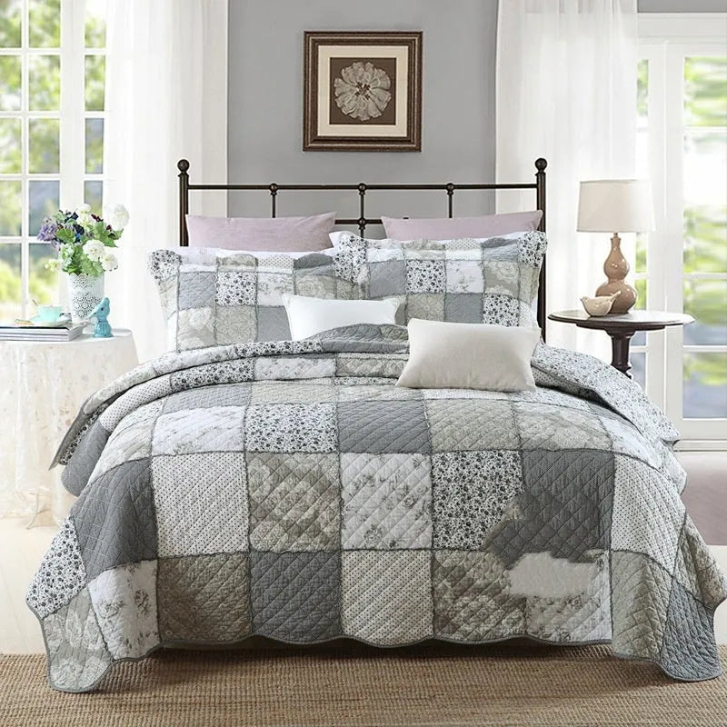 Washed pure cotton quilted bedspread and pillowcase set in a Korean style, showing textured non-slip surface.