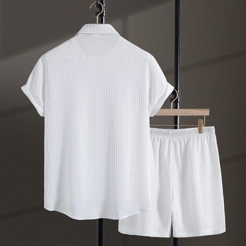 Men's beach shorts suit with matching short sleeve shirt and shorts in cotton blend fabric