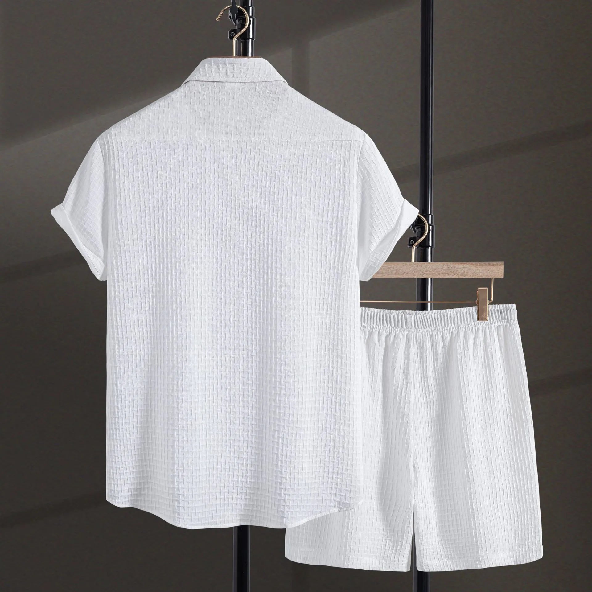 Men's beach shorts suit with matching short sleeve shirt and shorts in cotton blend fabric