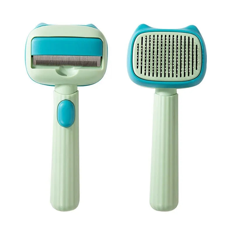 Blue pet grooming brush with double-sided deshedding rake and dematting comb tool