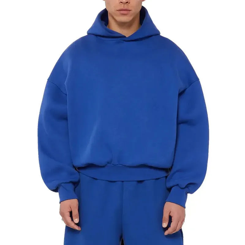 Men's solid colour fleece-lined hoodie sweater with wool lining, shown in black, blue, gray, and red.