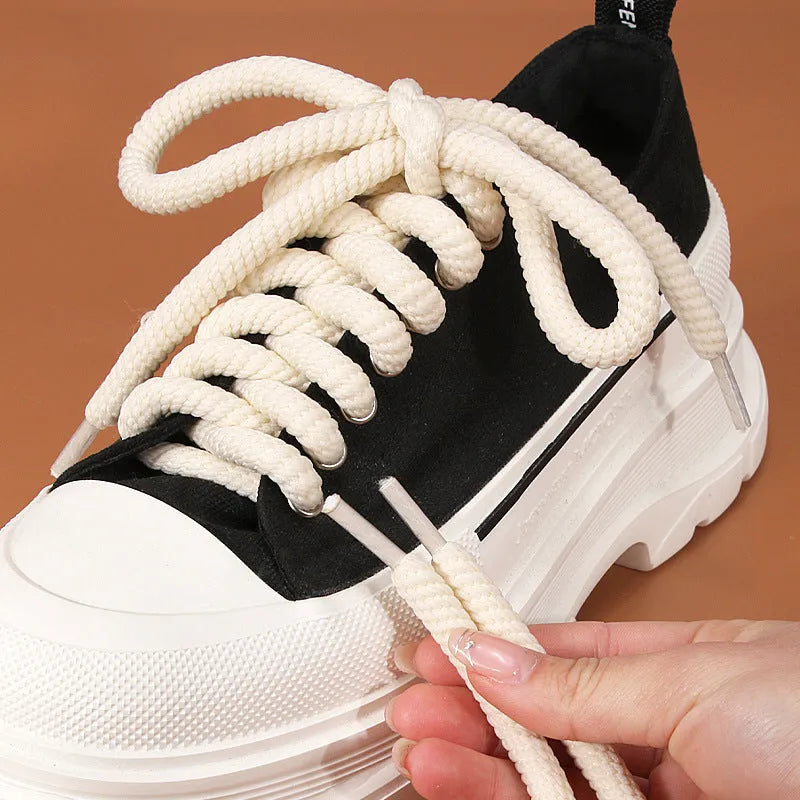 Round woven shoelaces in white, black, and beige colours showing 10mm diameter