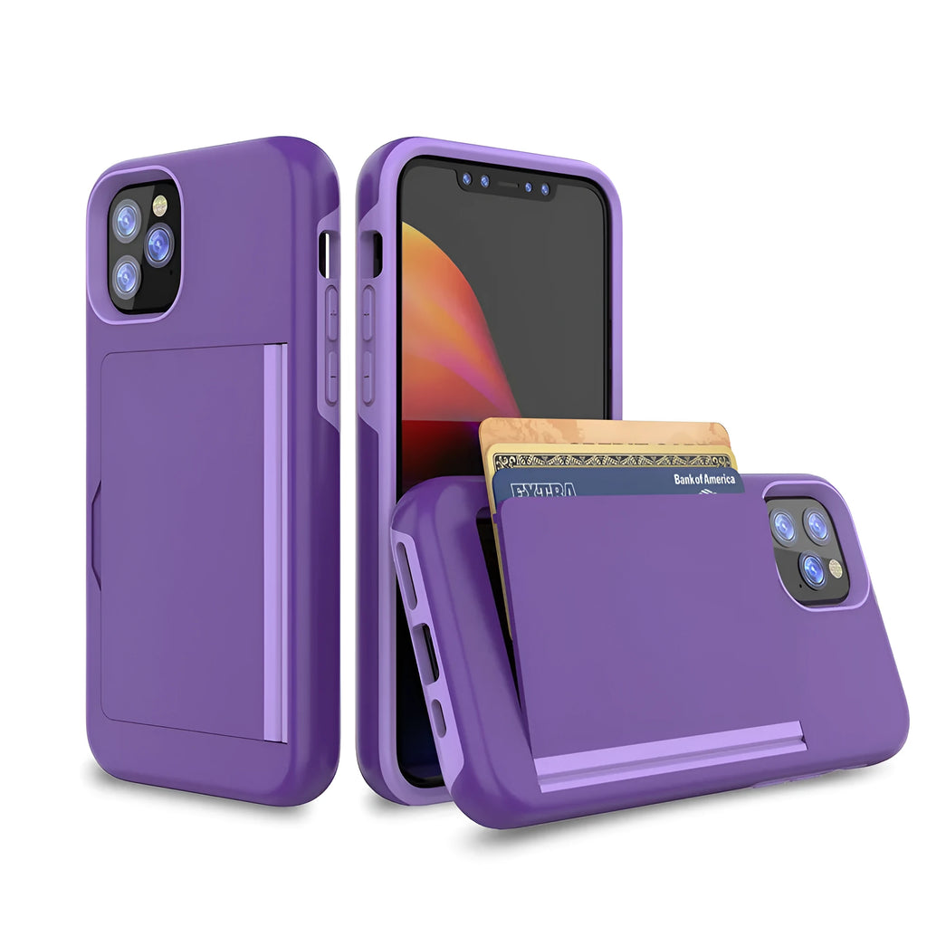iPhone 11 protective case in TPU+PC material showing black, red, pink, dark blue, blue, and purple colour options