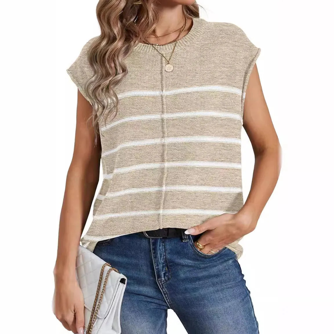 Women's striped sleeveless pullover vest in acrylic knit with bone stitching details.