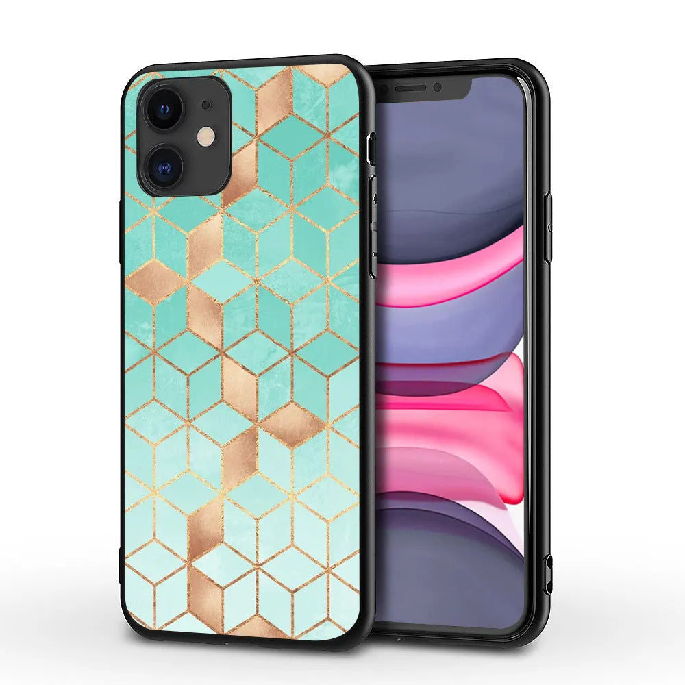Marble pattern iPhone back cover case for multiple models including iPhone 11 and iPhone X.