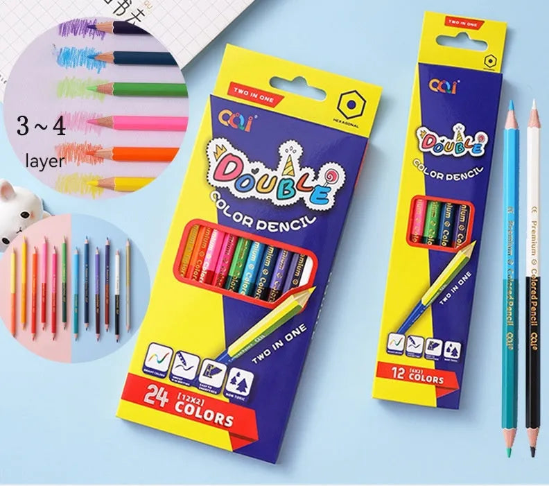 Wooden colour pencil set with double-headed design showing two colours on each pencil