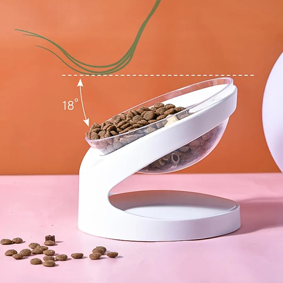 White elevated cat food bowl with clear tilted plastic design for dry and wet food