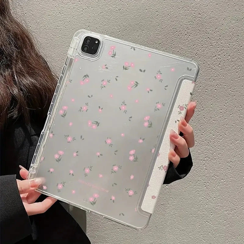 Transparent floral tri-fold tablet protective case for Apple iPad with magnetic closure