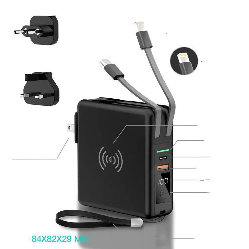 Black and white 10000mAh power bank with wireless charging, a fold-out plug, and international travel adapters.