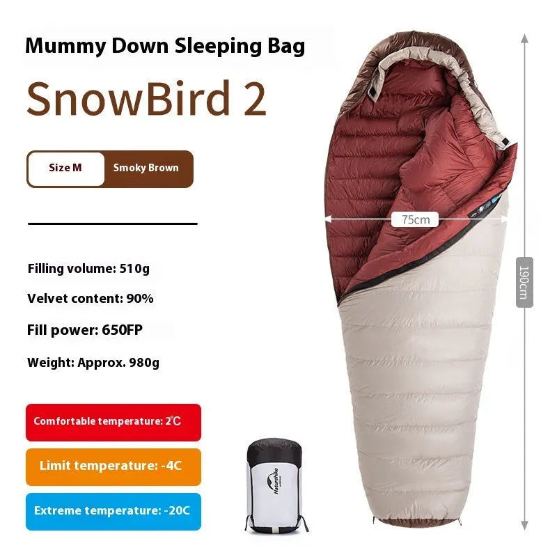 Goose down mummy sleeping bag for adults in Snowbird colour with storage bag