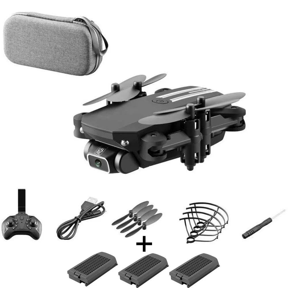 Mini folding aerial drone with 4K camera, open on a flat surface, showing foldable arms and LED lights