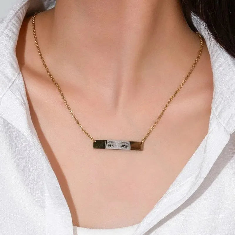 Custom stainless steel necklace with engraved eye photo on titanium steel geometric pendant, colour HZ001