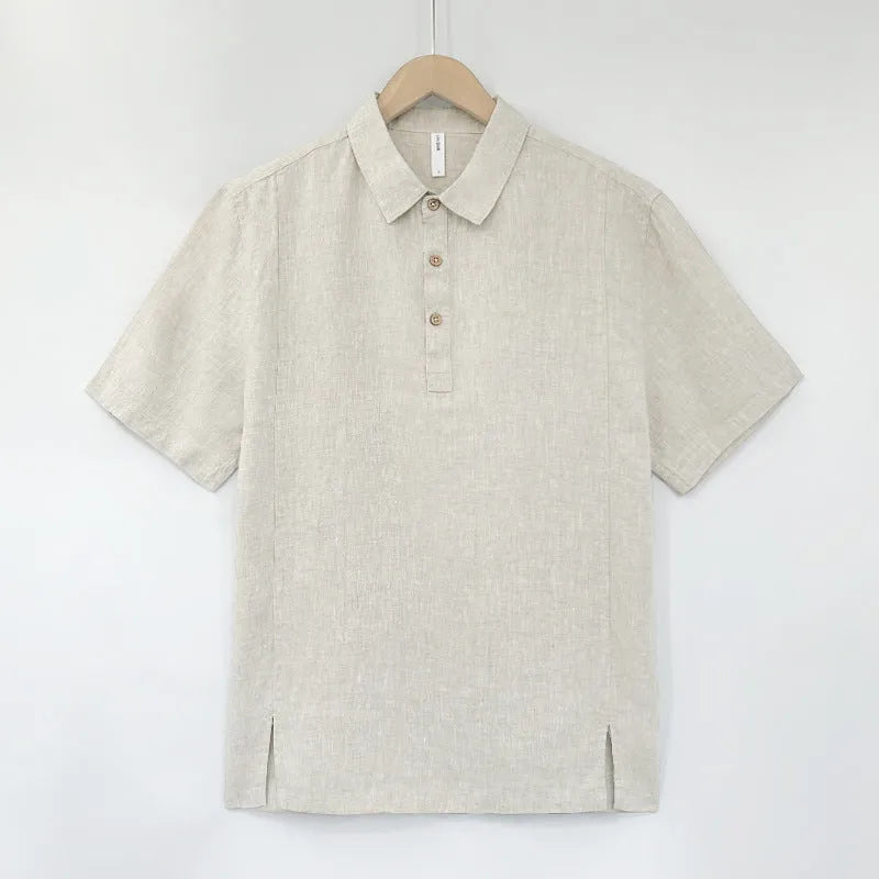 Men's loose-fit linen short-sleeved top in grey green on a hanger