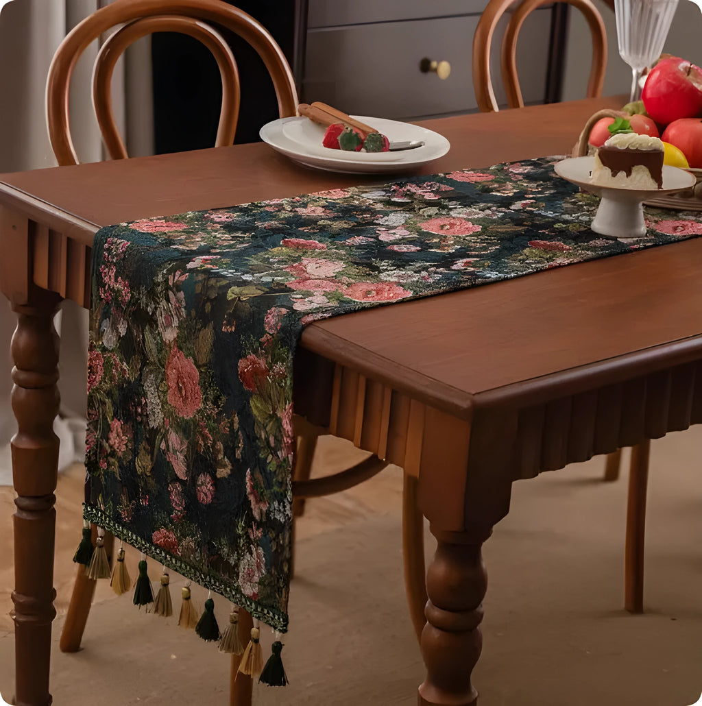 European retro style long sideboard table flag with handwoven tassels in a blue ginkgo leaf pattern