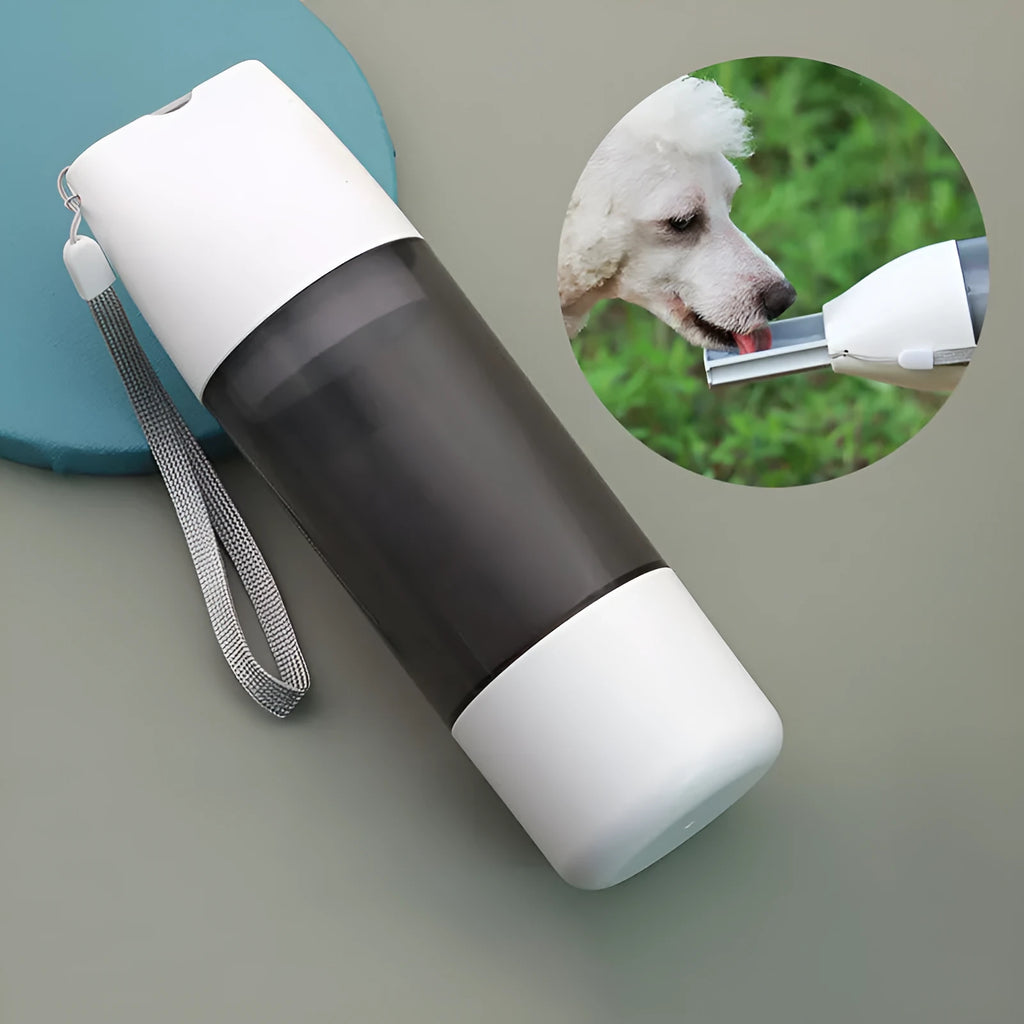 Portable dog water bottle with white food-grade ABS body and separate water and grain compartments