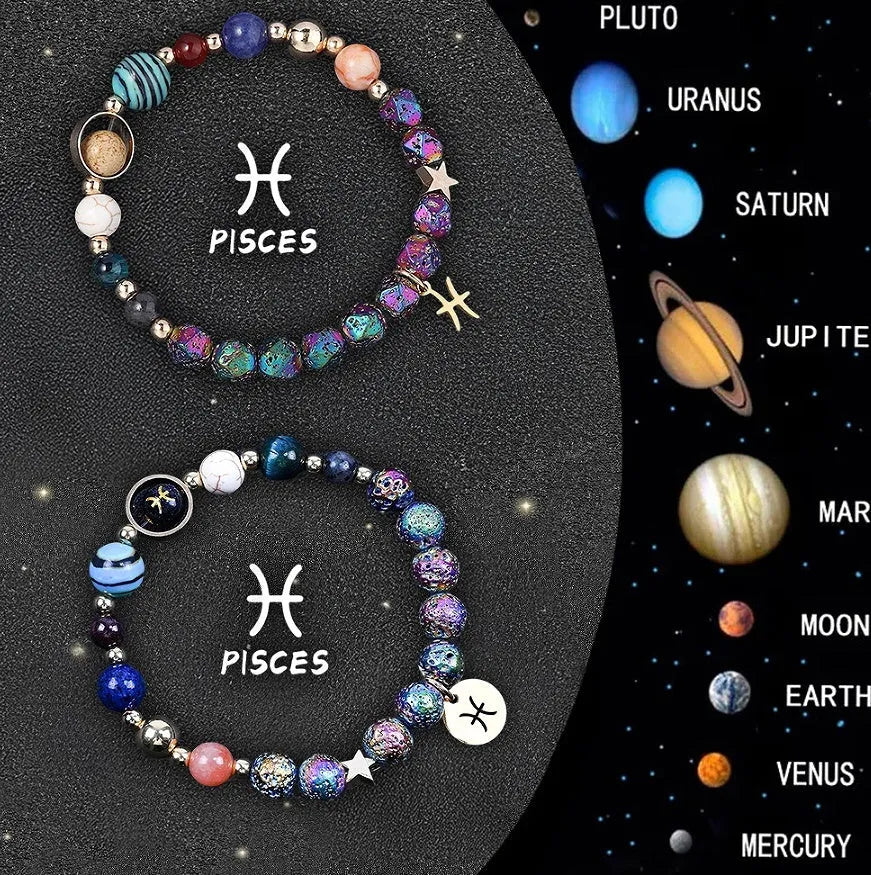 Two natural stone beaded bracelets showing different zodiac sign charms on an adjustable cord.