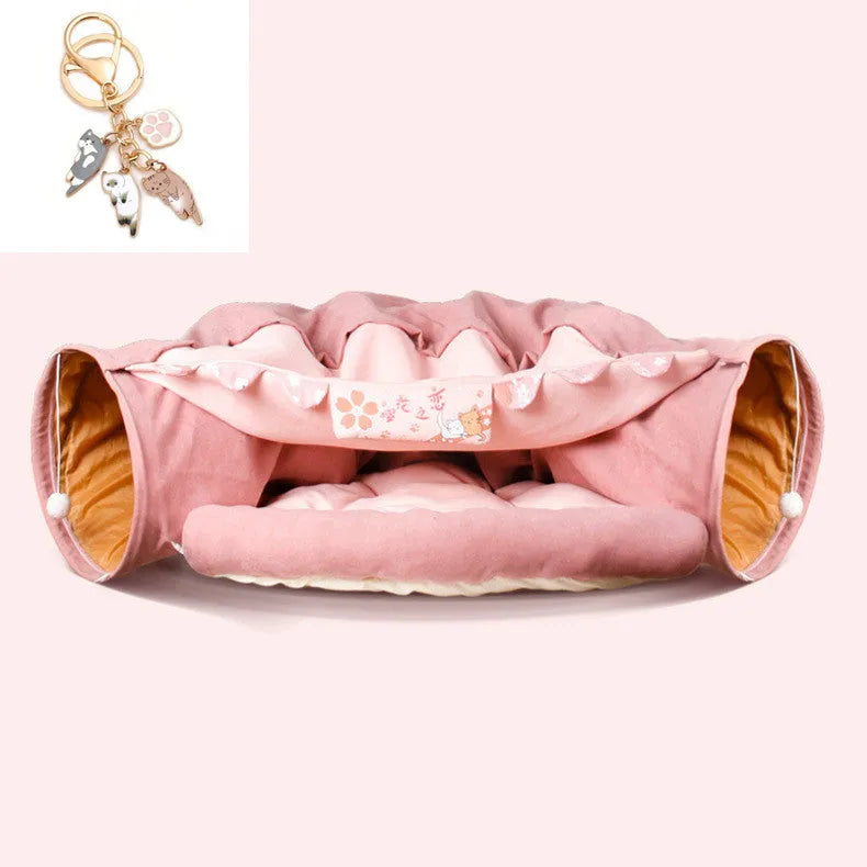 Collapsible cloth cat tunnel in choice of colours showing folded and unfolded states