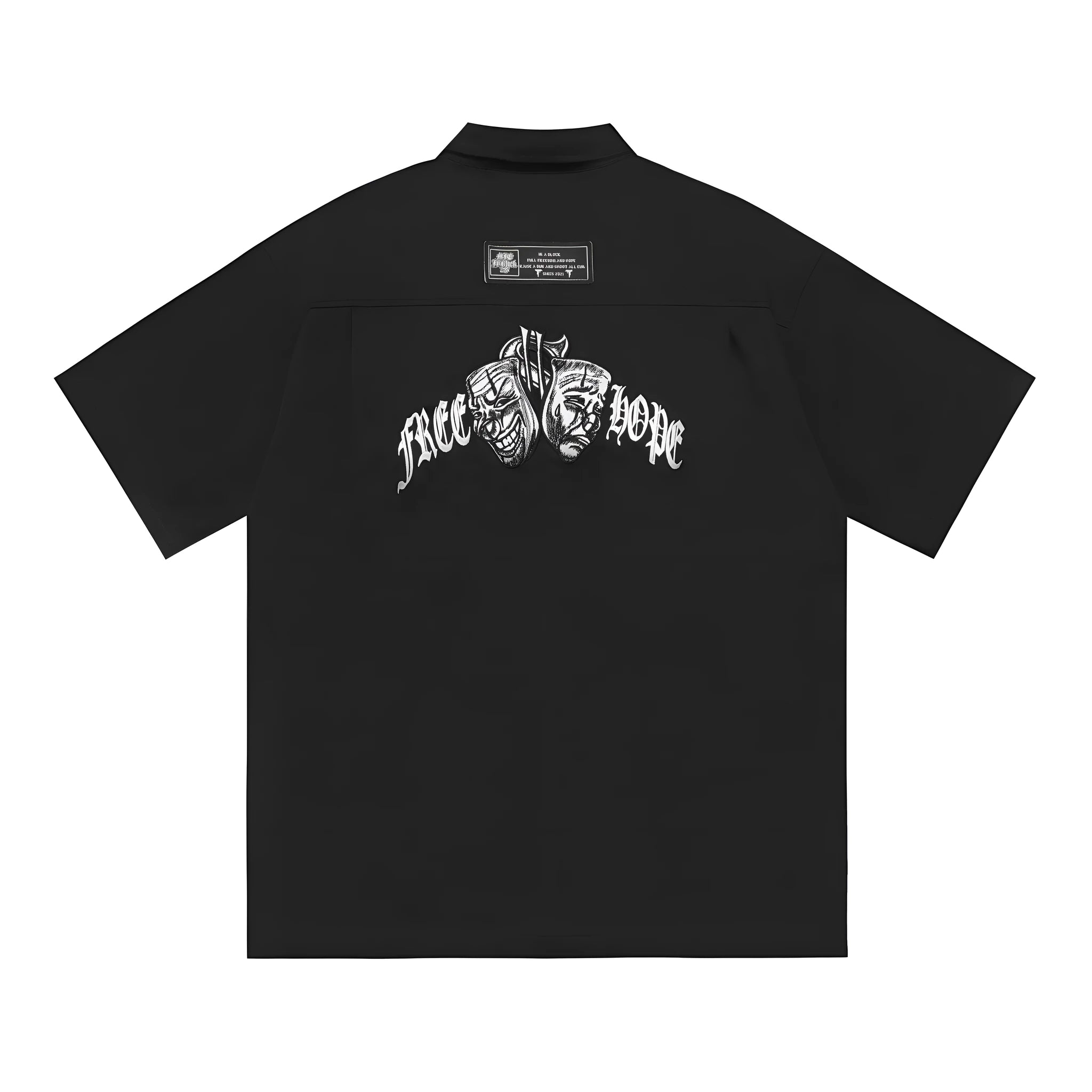 Men's black plus-size loose fit work shirt with a chest pocket and embroidered detail on the sleeve.