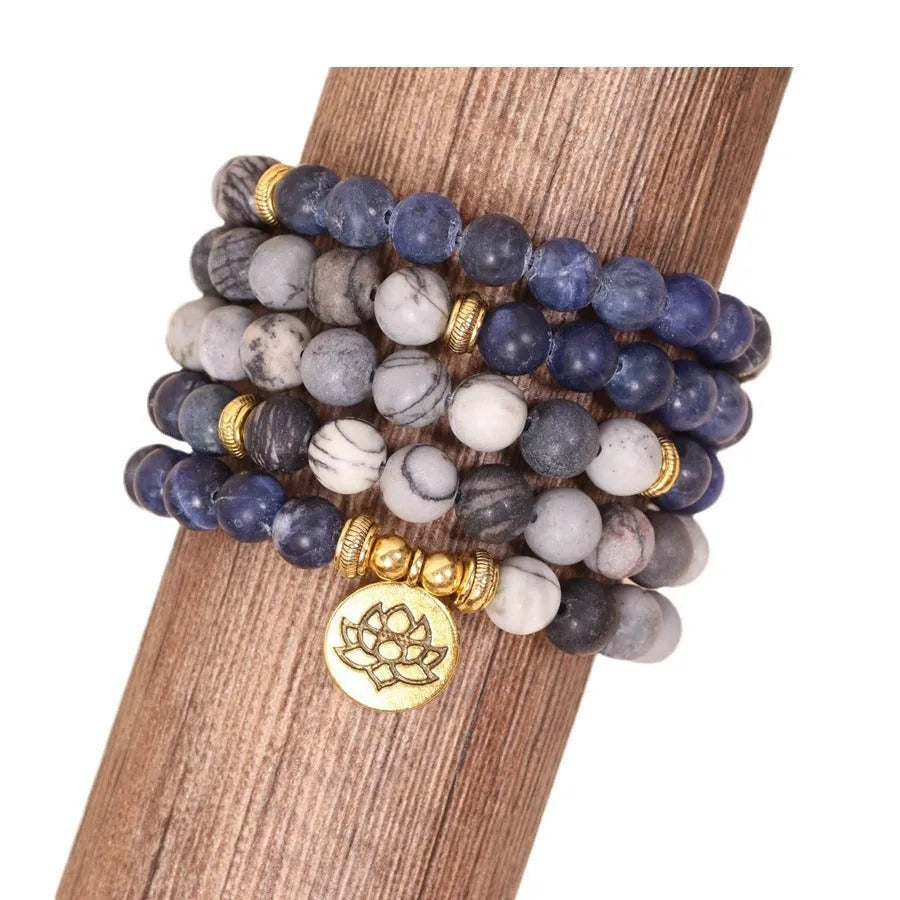 Blue patterned network stone beads on multi-layer alloy bracelet with fresh sweet style