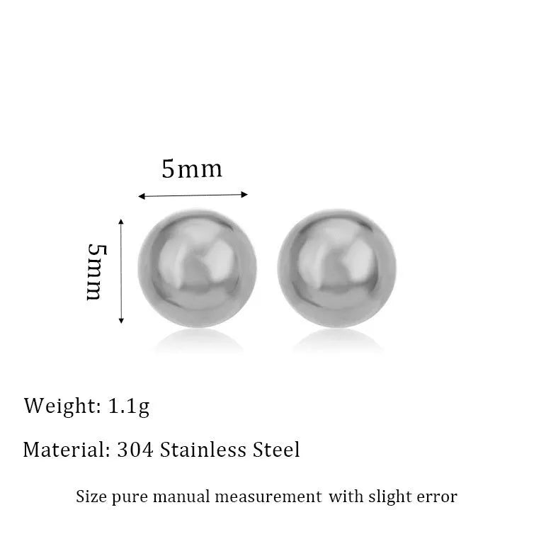 Stainless steel ball stud earrings in gold and silver finishes, showing 3mm to 6mm size comparison