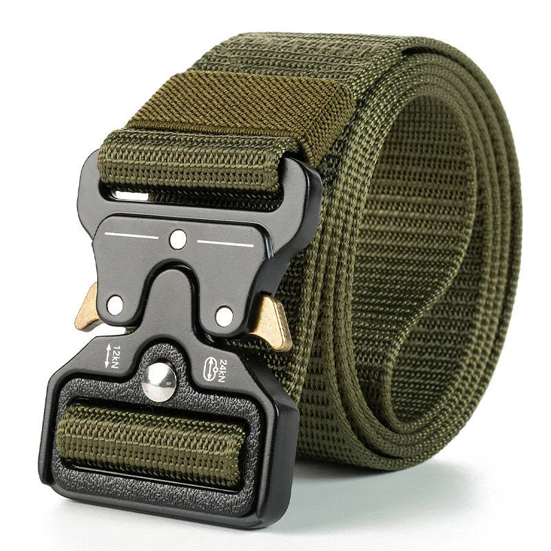 Men's canvas tactical belt with alloy release buckle showing weaving flowers texture treatment
