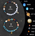 Two natural stone beaded bracelets with adjustable cords on a surface, representing a zodiac sign jewellery set.