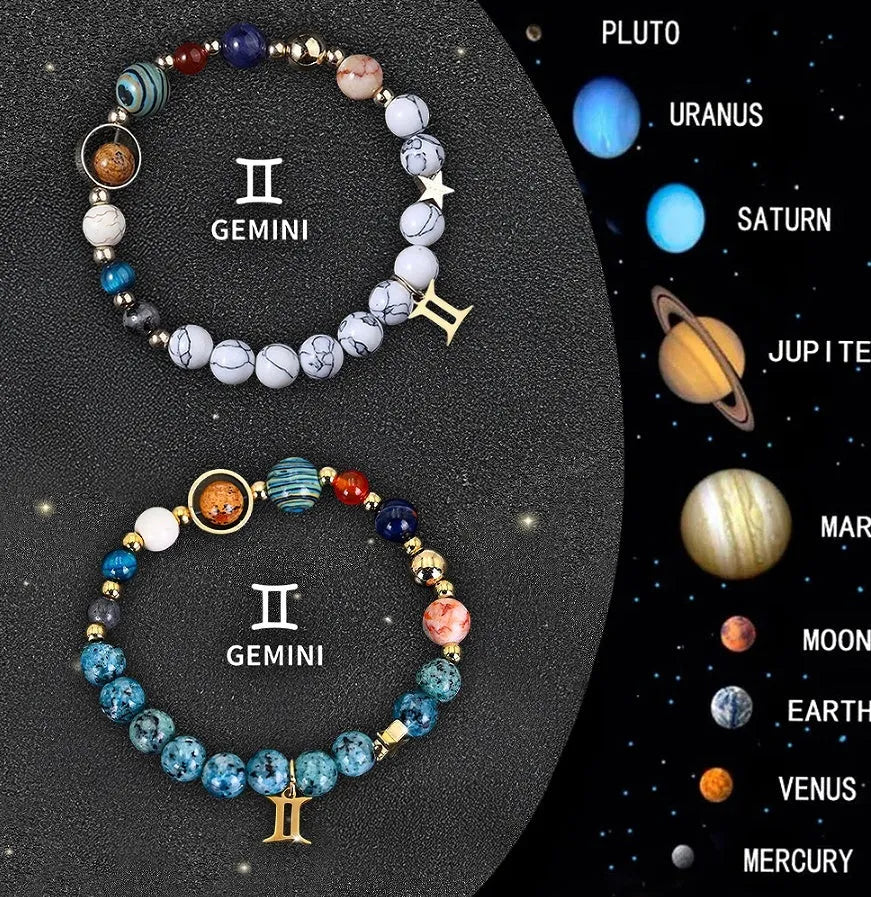 Two natural stone beaded bracelets with adjustable cords on a surface, representing a zodiac sign jewellery set.