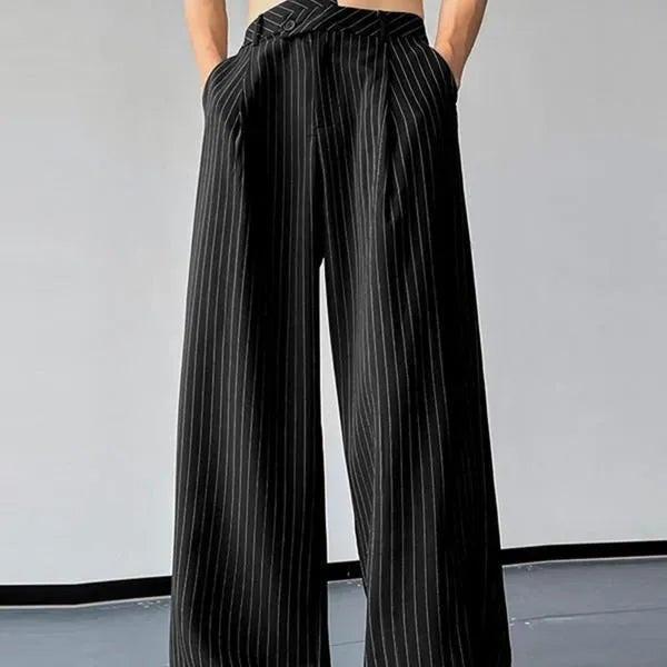 Black vertical striped pleated men's casual trousers with high elasticity fabric