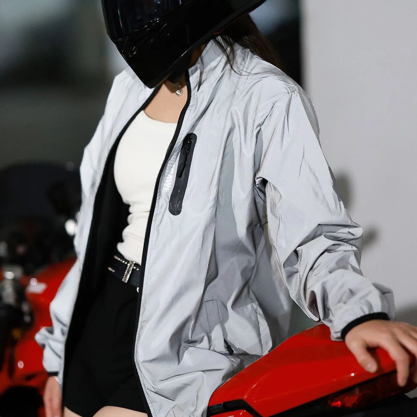 Silver waterproof windproof polyester long sleeve jacket BL220 with Asian to European size conversion chart