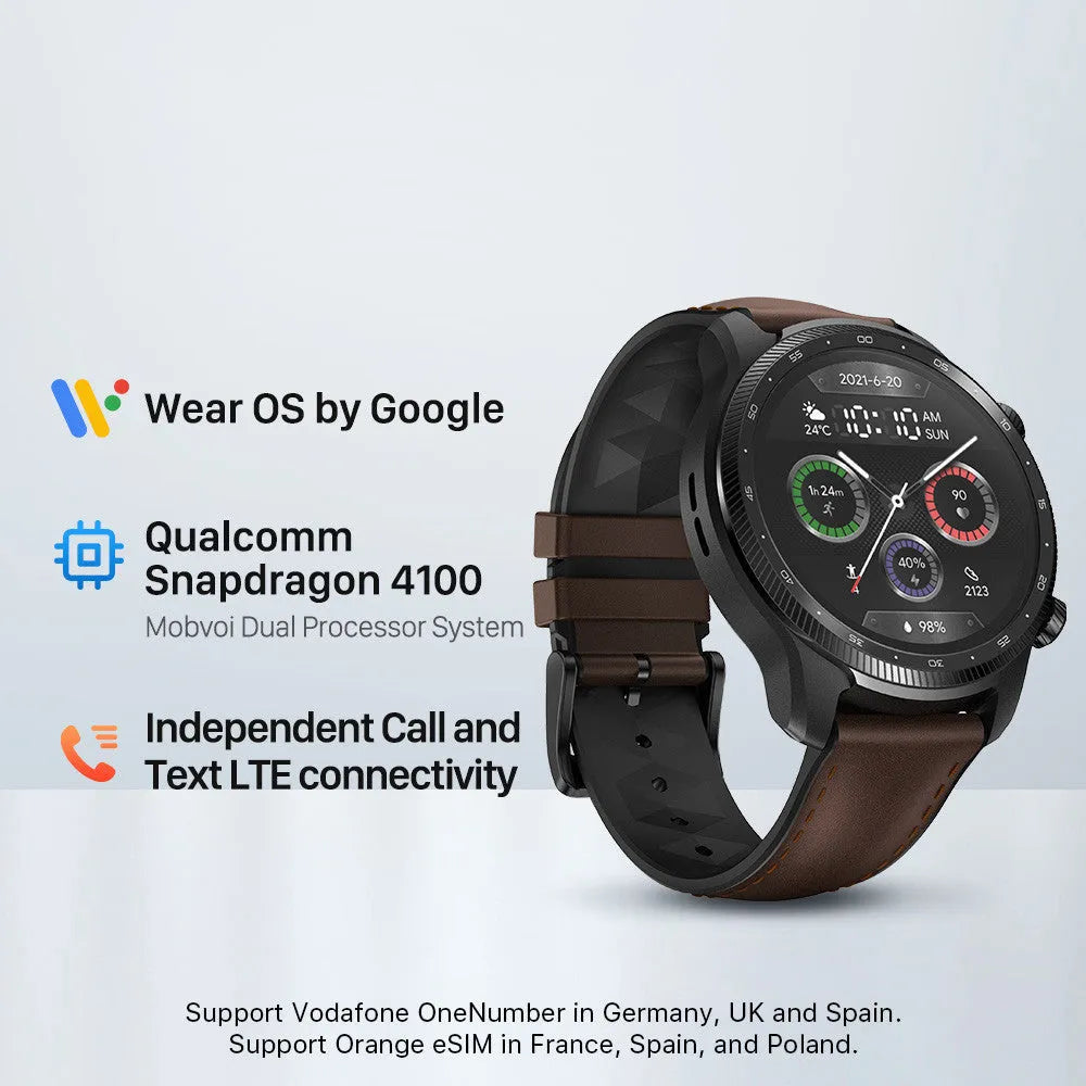 Ticwatch Pro X 47mm black smart watch with circular AMOLED display on a wrist.