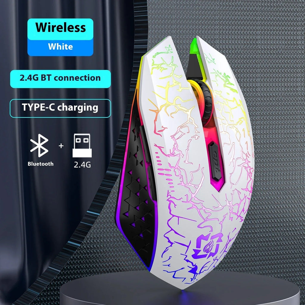 Black and white wireless gaming mouse with breathing lights showing Bluetooth and 2.4G connectivity options