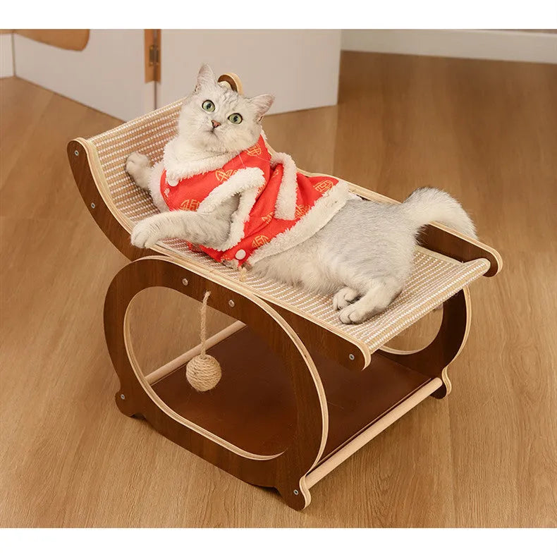 Solid wood cat scratching post bed with sisal surface in walnut colour
